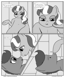 Size: 2100x2500 | Tagged: safe, artist:riscke, diamond tiara, scootaloo, pony, comic:staying dry, g4, belly button, bipedal, blushing, boop, comic, dialogue, female, high res, lesbian, monochrome, ship:scootiara, shipping, speech bubble, tongue out