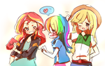 Size: 1024x642 | Tagged: safe, artist:lotte, applejack, rainbow dash, sunset shimmer, equestria girls, g4, blushing, food, heart, pictogram, pocky, speech bubble