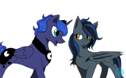 Size: 1227x759 | Tagged: safe, artist:subduedmoon, princess luna, oc, oc:nightwind, bat pony, g4, female, male, prince artemis, rule 63, simple background, white background