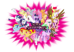 Size: 4100x2900 | Tagged: safe, artist:mofetafrombrooklyn, angel bunny, apple bloom, applejack, bulk biceps, button mash, derpy hooves, fluttershy, gilda, princess cadance, rainbow dash, rarity, scootaloo, shining armor, starlight glimmer, sunset shimmer, sweetie belle, twilight sparkle, oc, oc:fluffle puff, alicorn, griffon, pony, g4, cutie mark crusaders, female, mare, super smash bros., twilight sparkle (alicorn)