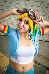 Size: 552x829 | Tagged: safe, rainbow dash, human, g4, belly button, blue underwear, bra, clothes, cosplay, costume, irl, irl human, midriff, nail polish, photo, see-through, solo, sports bra, underwear