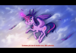 Size: 1920x1342 | Tagged: safe, artist:stasysolitude, twilight sparkle, alicorn, pony, g4, caption, feather, female, flying, magic, mare, solo, twilight sparkle (alicorn)