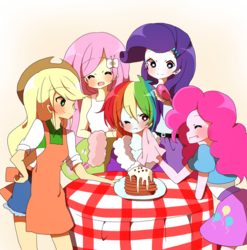 Size: 1024x1038 | Tagged: safe, artist:lotte, applejack, fluttershy, pinkie pie, rainbow dash, rarity, equestria girls, g4, pinkie pride, cute, female, flutterdashpiejackrity, food, hot cakes, humanized, lesbian, pancakes, shipping