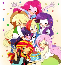 Size: 966x1024 | Tagged: safe, artist:lotte, applejack, fluttershy, pinkie pie, rainbow dash, rarity, sunset shimmer, twilight sparkle, human, equestria girls, g4, my little pony equestria girls: rainbow rocks, birthday, blushing, cake, clothes, confetti, cowboy hat, cute, denim skirt, eyes closed, food, grin, hat, hug, humane five, humane seven, humane six, one eye closed, open mouth, open smile, peace sign, skirt, smiling, stetson