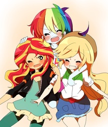 Size: 1023x1207 | Tagged: safe, artist:lotte, applejack, rainbow dash, sunset shimmer, equestria girls, g4, clothes, cowboy hat, denim skirt, hat, hug, jacket, shorts, skirt, stetson