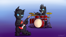 Size: 1280x720 | Tagged: safe, artist:rubywave32, changeling, drums, guitar, musical instrument