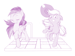 Size: 1199x900 | Tagged: safe, artist:dstears, applejack, rainbow dash, g4, dance dance revolution, dancing, duo, eyes closed, hat, monochrome, purple, rhythm game, video game