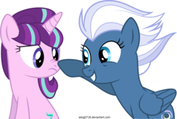 Size: 8769x5942 | Tagged: safe, artist:adog0718, night glider, starlight glimmer, pegasus, pony, unicorn, g4, absurd resolution, boop, cute, female, frown, glideabetes, glimmerbetes, grin, mare, nose wrinkle, raised hoof, s5 starlight, show accurate, simple background, smiling, squee, transparent background, vector