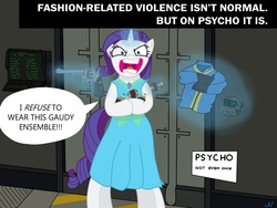 Size: 1280x960 | Tagged: safe, artist:nuka-kitty, part of a set, rarity, pony, unicorn, semi-anthro, fallout equestria, g4, and then there's rarity, angry, clothes, drug use, drugs, fallout, fashion disaster, female, funny, gun, jumpsuit, love me, not even once, pipboy, pipbuck, psycho, solo, speech bubble, text, vault suit, weapon