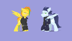 Size: 1280x720 | Tagged: safe, artist:captainhoers, soarin', spitfire, pegasus, pony, g4, beard, clothes, cutie mark, dyed mane, female, hooves, implied soarinfire, jacket, lineless, looking at you, male, mare, older, purple background, scarf, ship:soarinfire, shipping, simple background, spread wings, stallion, straight, topknot, wings, wonderbolts