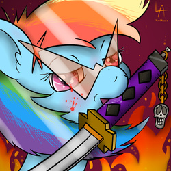 Size: 1024x1024 | Tagged: safe, artist:lordaussie, rainbow dash, g4, anime, female, kamina sunglasses, katana, mouth hold, solo, sword, tengen toppa gurren lagann, weapon