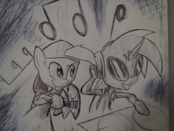 Size: 1072x804 | Tagged: safe, artist:matugi, derpy hooves, dj pon-3, vinyl scratch, pegasus, pony, g4, female, grayscale, grin, hat, headphones, mare, microphone, monochrome, music notes, tongue out, traditional art