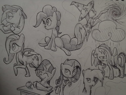 Size: 1072x804 | Tagged: safe, artist:matugi, applejack, fluttershy, gilda, pinkie pie, rainbow dash, rarity, trixie, twilight sparkle, griffon, pony, unicorn, g4, apple, clothes, desk, female, food, grayscale, grin, mare, monochrome, raincloud, scarf, smiling, traditional art, wet mane