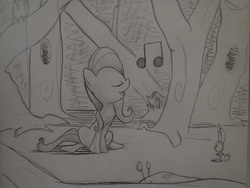 Size: 1072x804 | Tagged: safe, artist:matugi, fluttershy, bird, owl, rabbit, slug, g4, eyes closed, female, forest, grayscale, monochrome, music notes, pencil drawing, singing, sitting, smiling, solo, traditional art