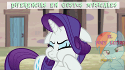 Size: 500x280 | Tagged: safe, rainbow dash, rarity, pegasus, pony, unicorn, g4, female, gif, grin, hooves together, mare, meme, non-animated gif, puffy cheeks, smiling, spanish, watermark