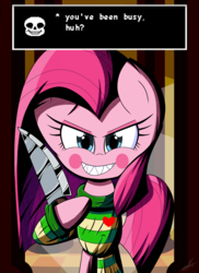 Size: 1600x2200 | Tagged: safe, artist:therandomjoyrider, pinkie pie, g4, chara, charamena, crossover, female, imminent bad time, pinkamena diane pie, sans (undertale), solo, spoilers for another series, undertale