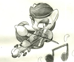 Size: 989x835 | Tagged: safe, artist:matugi, octavia melody, g4, female, grayscale, monochrome, music notes, musical instrument, smiling, solo, traditional art, violin