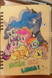 Size: 605x899 | Tagged: safe, artist:whit3-dr4g0n, applejack, fluttershy, pinkie pie, princess luna, rainbow dash, rarity, twilight sparkle, g4, babysitting, filly, frustrated, hatless, mane six, missing accessory, scrunchy face, traditional art, younger