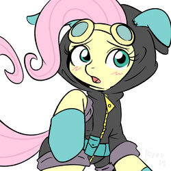 Size: 1122x1122 | Tagged: dead source, safe, artist:ryou14, fluttershy, pegasus, pony, g4, magic duel, blushing, bunny ears, clothes, costume, cute, dangerous mission outfit, female, goggles, hoodie, mare, open mouth, shyabetes, simple background, solo, white background