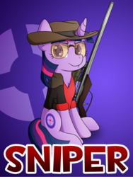 Size: 3000x4000 | Tagged: safe, artist:10art1, twilight sparkle, pony, unicorn, g4, chest fluff, cutie mark, female, glasses, gun, hat, hooves, horn, looking at you, mare, optical sight, rifle, sitting, sniper, sniper (tf2), sniper rifle, solo, sunglasses, team fortress 2, text, twilight sniper, weapon