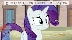Size: 500x280 | Tagged: safe, edit, edited screencap, screencap, rainbow dash, rarity, g4, the cutie map, animated, discovery family logo, female, meme, music, spanish, translated in the comments, watermark