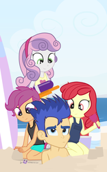 Size: 625x1000 | Tagged: safe, artist:dm29, apple bloom, flash sentry, scootaloo, sweetie belle, equestria girls, g4, beach, blue swimsuit, buried, clothes, cutie mark crusaders, down under summer, one-piece swimsuit, school swimsuit, surfboard, swimsuit, tank top, watergun
