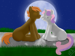 Size: 800x600 | Tagged: safe, artist:elhaythan, button mash, sweetie belle, g4, blank flank, female, male, moon, night, ship:sweetiemash, shipping, smiling, straight