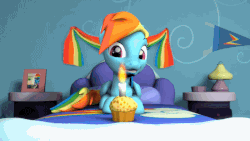 Size: 800x450 | Tagged: safe, artist:rogerdaily, rainbow dash, tank, pegasus, pony, g4, 3d, animated, bed, birthday, birthday cake, cake, candle, eyebrows, female, fire, food, lamp, mare, muffin, photo, smiling, solo, source filmmaker, sunglasses, teeth