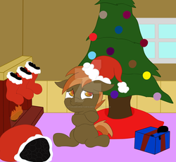 Size: 1024x940 | Tagged: safe, artist:stonginventor18, button mash, g4, christmas, christmas stocking, christmas tree, coal, crossed arms, fireplace, hat, male, present, sad, santa hat, solo, tree, watermark