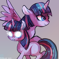 Size: 1280x1280 | Tagged: safe, artist:cherivinca, twilight sparkle, alicorn, pony, unicorn, g4, duality, female, glowing eyes, gray background, mare, simple background, solo, twilight sparkle (alicorn), unicorn twilight