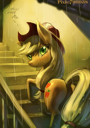 Size: 480x679 | Tagged: safe, artist:hertro, applejack, g4, butt, female, looking at you, plot, rain, solo, stairs