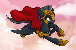 Size: 2269x1500 | Tagged: safe, artist:kez, oc, oc only, oc:rome silvanus, pegasus, pony, armor, helmet, male, multicolored hair, ponified (card game), solo, stallion, wings