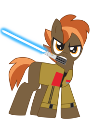 Size: 2025x2621 | Tagged: safe, artist:ejlightning007arts, button mash, earth pony, g4, clothes, colt, cosplay, costume, finn (star wars), foal, high res, lightsaber, male, parody, simple background, solo, star wars, transparent background, weapon