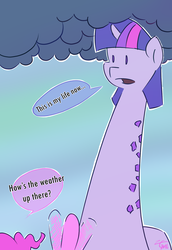 Size: 1034x1500 | Tagged: safe, artist:liracrown, pinkie pie, twilight sparkle, giraffe, g4, cloud, giraffied, species swap, text, twiraffe