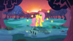 Size: 3840x2160 | Tagged: safe, artist:minhbuinhat99, artist:rosaline, fluttershy, butterfly, g4, clearing, high res, orchard, shadow, sunset, text, tree, vector, wallpaper