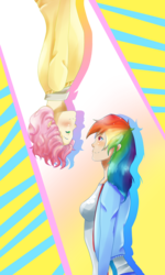 Size: 3000x5000 | Tagged: safe, artist:mlpfimcp, fluttershy, rainbow dash, human, g4, butterscotch, clothes, female, half r63 shipping, humanized, male, rule 63, ship:butterdash, shipping, straight, sweater, sweatershy, upside down