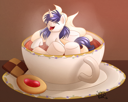 Size: 1280x1027 | Tagged: safe, artist:sugaryviolet, oc, oc only, oc:jade, pony, chocolate, cookie, cup, cup of pony, cute, food, happy, hot chocolate, marshmallow, micro, teacup