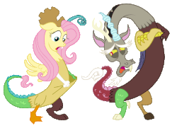 Size: 1024x768 | Tagged: safe, artist:trehcedasil, discord, fluttershy, draconequus, fanfic:my little draconequus, g4, crossed arms, draconequified, duo, fanfic art, fanfic cover, fanfic scene, fanfic spoiler, female, flutterequus, gif, jealous, marsupial, mismatched horns, non-animated gif, pointing, pouch, shocked, simple background, species swap, tail hand, transparent background, vector