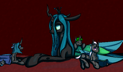 Size: 540x318 | Tagged: safe, artist:graytr, queen chrysalis, oc, oc:bucketling, oc:spotted record, oc:synch, changeling, changeling queen, nymph, g4, baby changeling, cute, cutealis, cuteling, female, mare, mommy chrissy, purple changeling, size difference