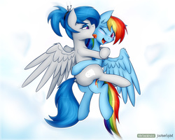 Size: 1280x1024 | Tagged: safe, artist:jcosneverexisted, rainbow dash, oc, oc:spooky glare, g4, art trade, canon x oc, female, flying, hug, lesbian, licking, shipping, tongue out