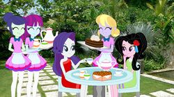 Size: 948x529 | Tagged: safe, artist:karalovely, blueberry cake, cloud kicker, mystery mint, rarity, oc, oc:kara lovely, equestria girls, g4, background human, equestria girls in real life, tea party, waitress