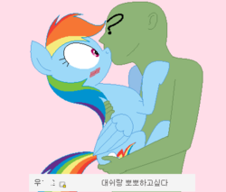 Size: 824x702 | Tagged: safe, artist:hyolark, rainbow dash, oc, oc:anon, human, pony, g4, blushing, female, hand on butt, human on pony action, interspecies, kissing, korean, male, pixel art, straight