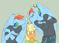 Size: 980x709 | Tagged: safe, artist:nolycs, applejack, rainbow dash, anthro, g4, argument, blushing, crossed arms, eyes on the prize, female, frown, half r63 shipping, hilarious in hindsight, implied bisexual, love triangle, male, rainbow blitz, rivalry, rule 63, self ponidox, ship:appleblitz, ship:appledash, shipping, simple background, straight