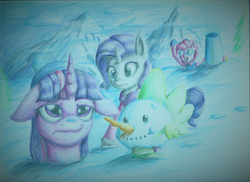 Size: 3506x2550 | Tagged: safe, artist:realismcartoon, pinkie pie, rarity, spike, twilight sparkle, alicorn, pony, g4, high res, party cannon, snow, traditional art, twilight sparkle (alicorn)