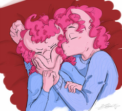 Size: 895x816 | Tagged: safe, artist:nolycs, pinkie pie, earth pony, anthro, g4, bubble berry, cheek kiss, clothes, eyes closed, female, kissing, male, on back, rule 63, self ponidox, selfcest, ship:bubblepie, shipping, squishy cheeks, straight, sweater