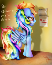 Size: 2400x3000 | Tagged: safe, artist:ferasor, rainbow dash, pegasus, pony, g4, bed mane, calendar, digital art, female, floppy ears, fluffy, frown, high res, i hate mondays, monday, morning ponies, open mouth, sad, signature, solo