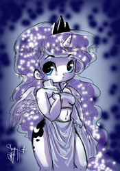 Size: 630x900 | Tagged: safe, artist:sugarheartart, princess luna, human, g4, belly button, chibi, clothes, dress, female, horn, horned humanization, humanized, midriff, side slit, solo, winged humanization