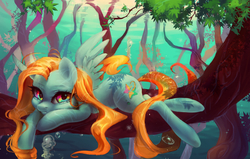 Size: 2200x1400 | Tagged: safe, artist:my-magic-dream, oc, oc only, pegasus, pony, forest, looking at you, reflection, solo, tree, underwater, water