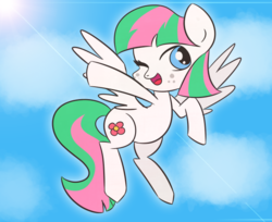 Size: 655x535 | Tagged: safe, artist:rainbow2oda, blossomforth, pegasus, pony, g4, adoraforth, cute, female, mare, one eye closed, open mouth, sky, solo, wink