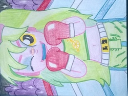 Size: 1889x1419 | Tagged: safe, artist:toyminator900, lemon zest, equestria girls, g4, bandage, belly button, boxing, boxing gloves, clothes, female, midriff, sideways image, solo, sports bra, traditional art, wink